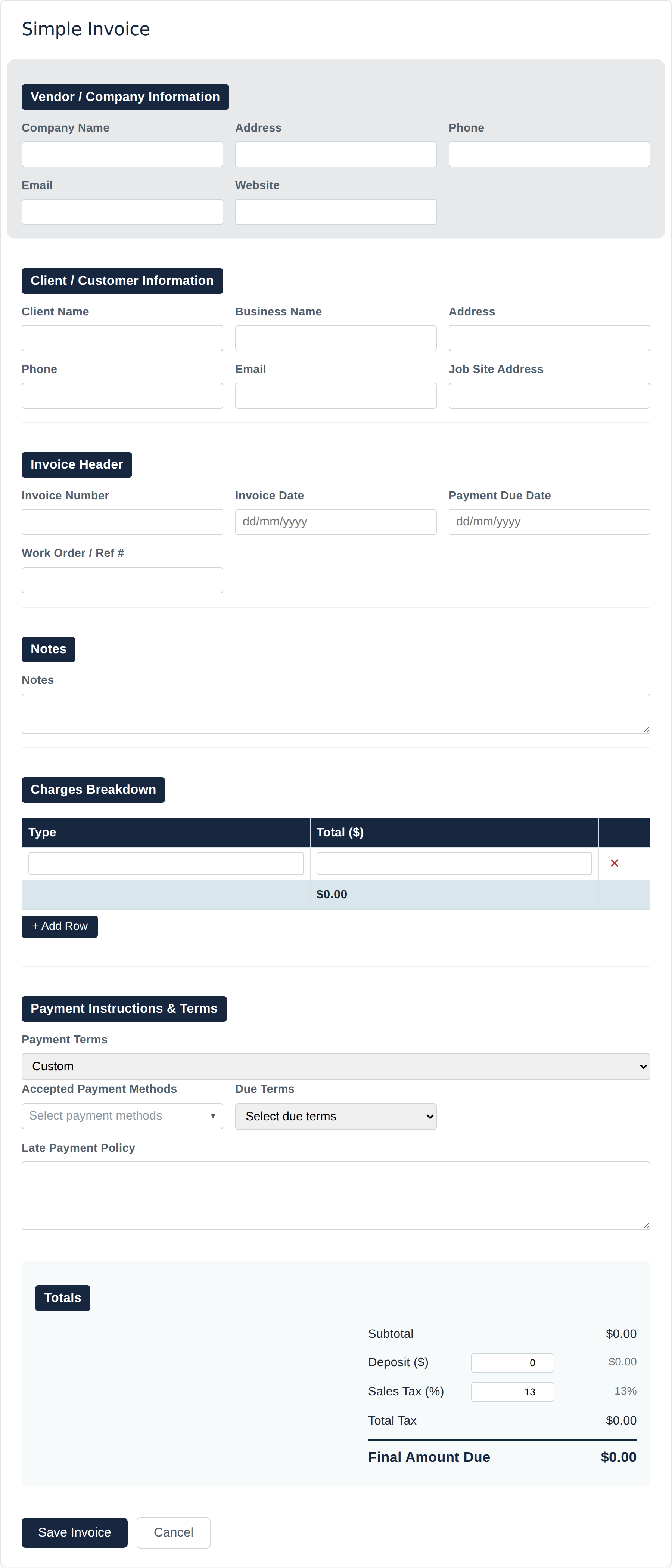 Blank Simple invoice form