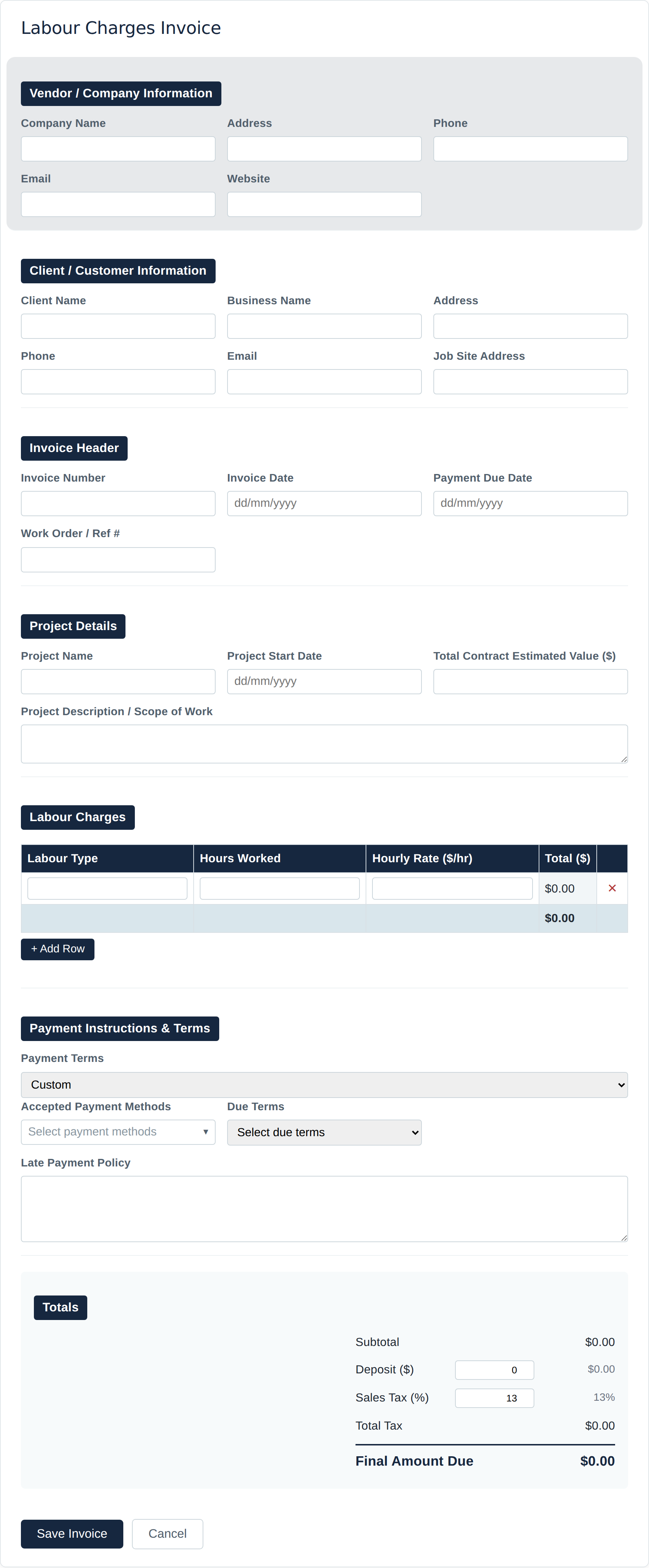Blank Labour Charges invoice form