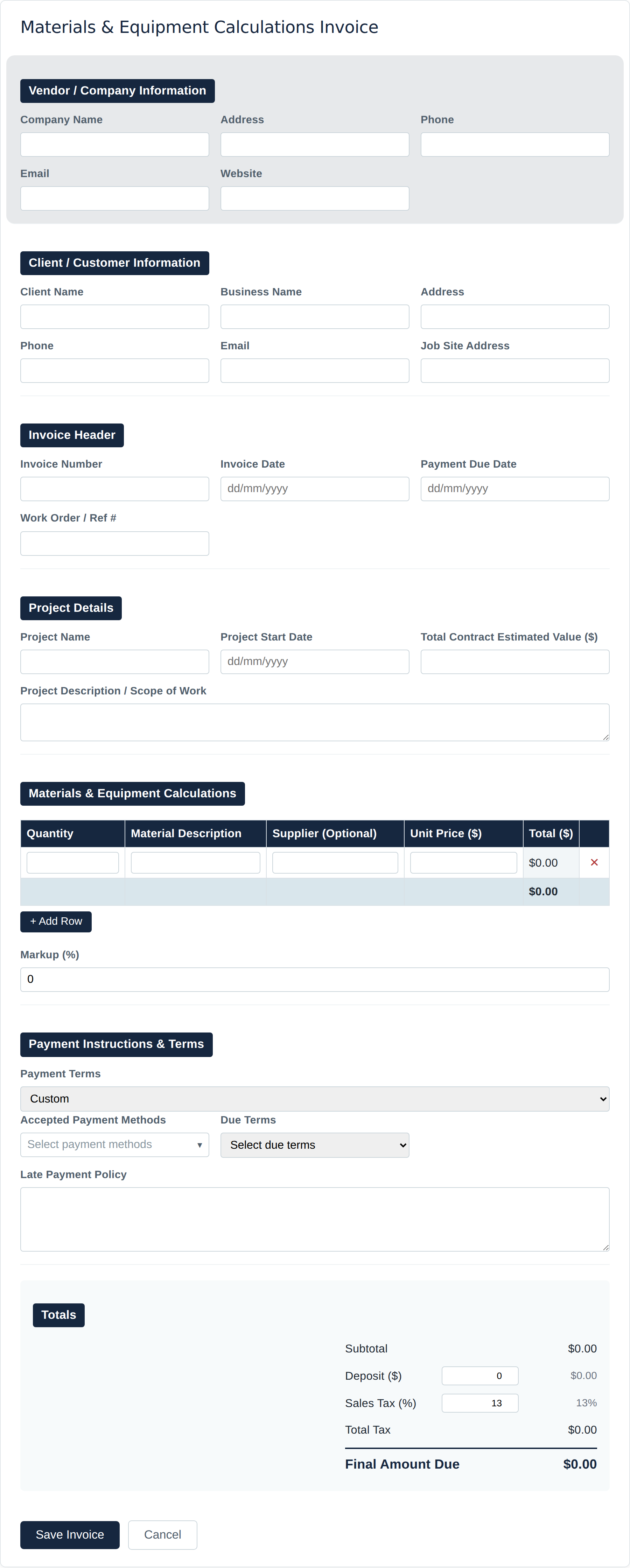 Blank Materials & Equipment invoice form