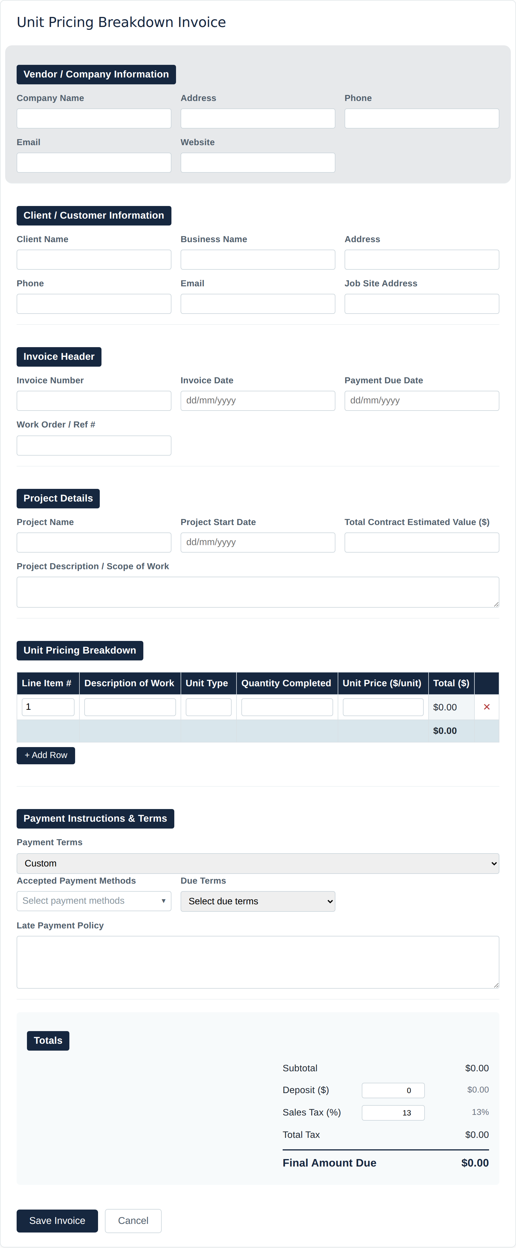 Blank Unit Pricing Breakdown invoice form