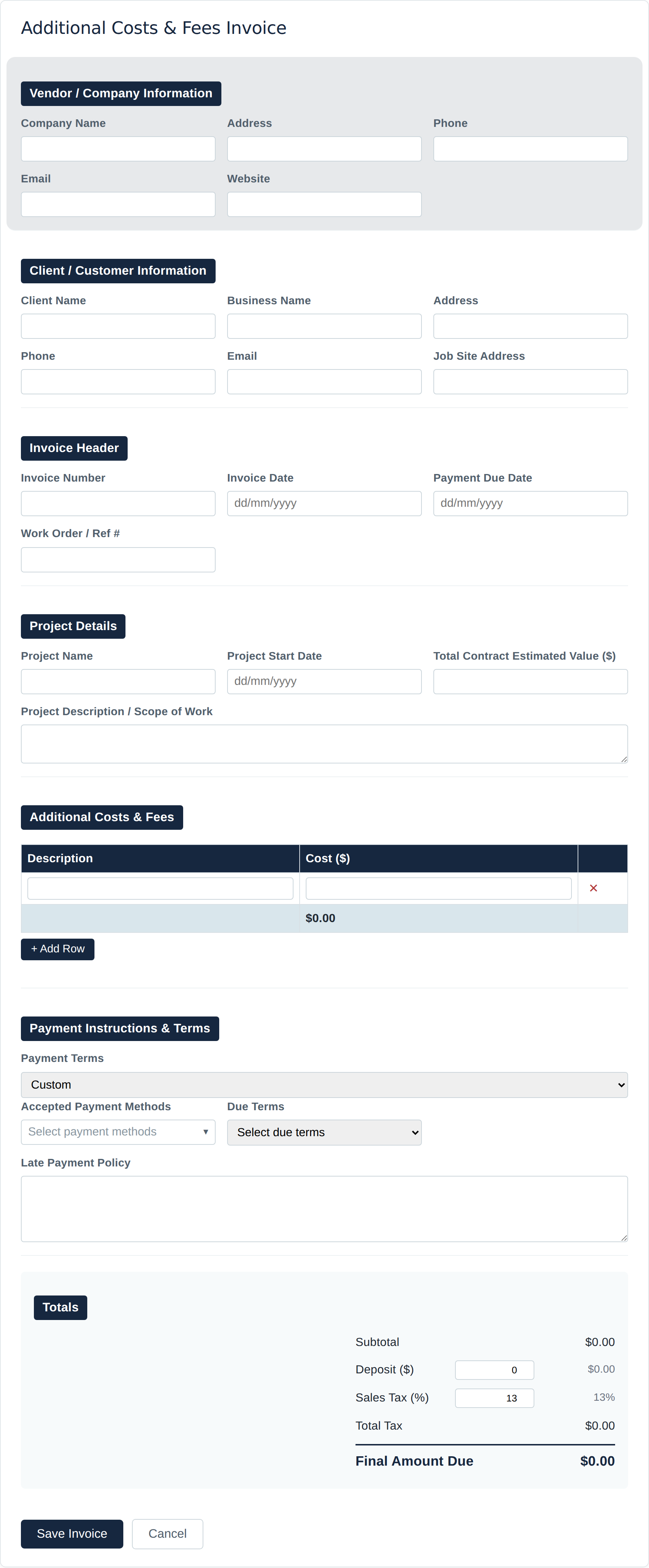 Blank Additional Costs & Fees invoice form