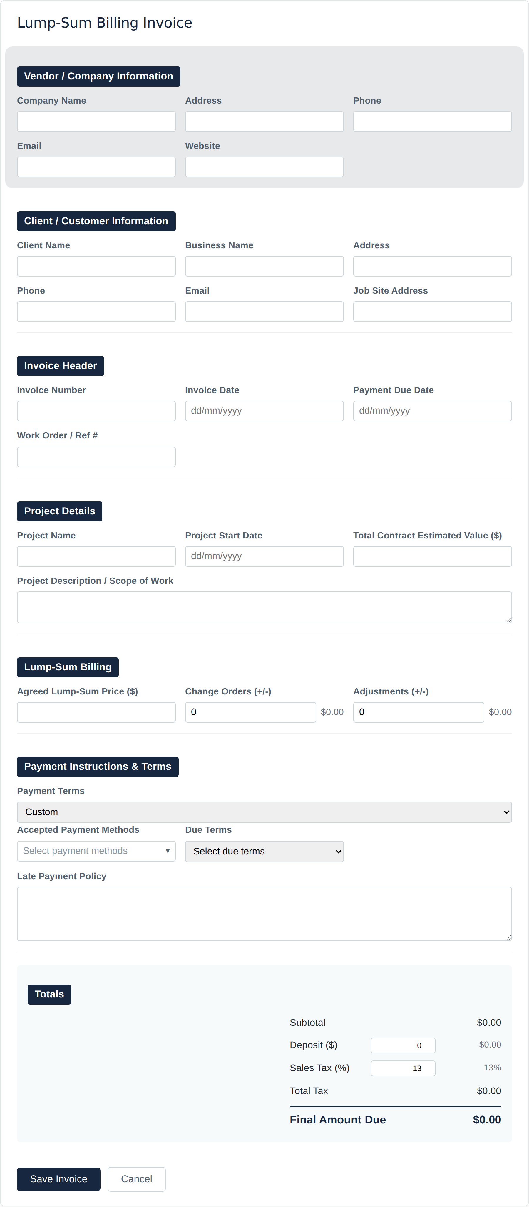 Blank Lump-Sum Billing invoice form