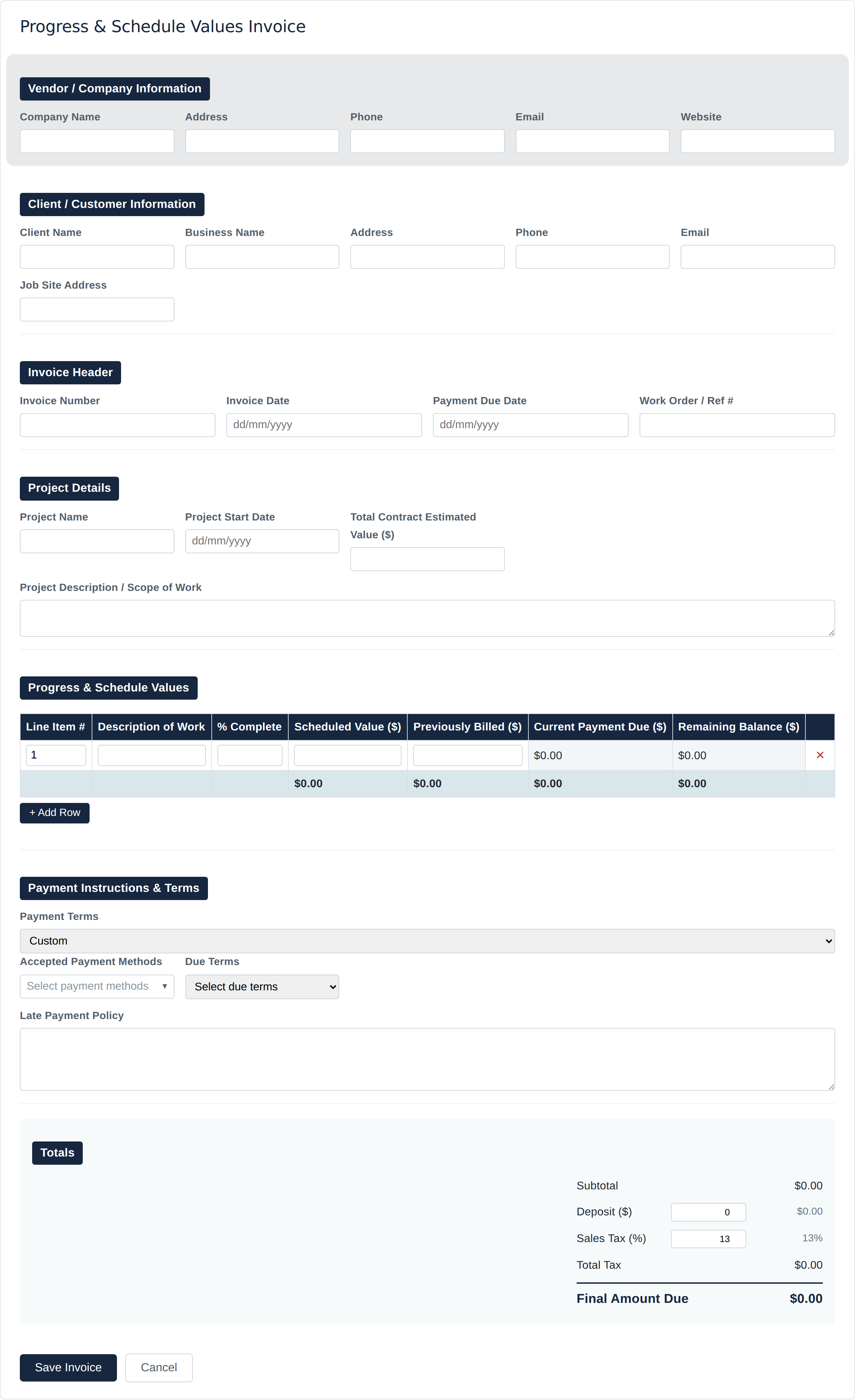 Blank Progress & Schedule Values invoice form