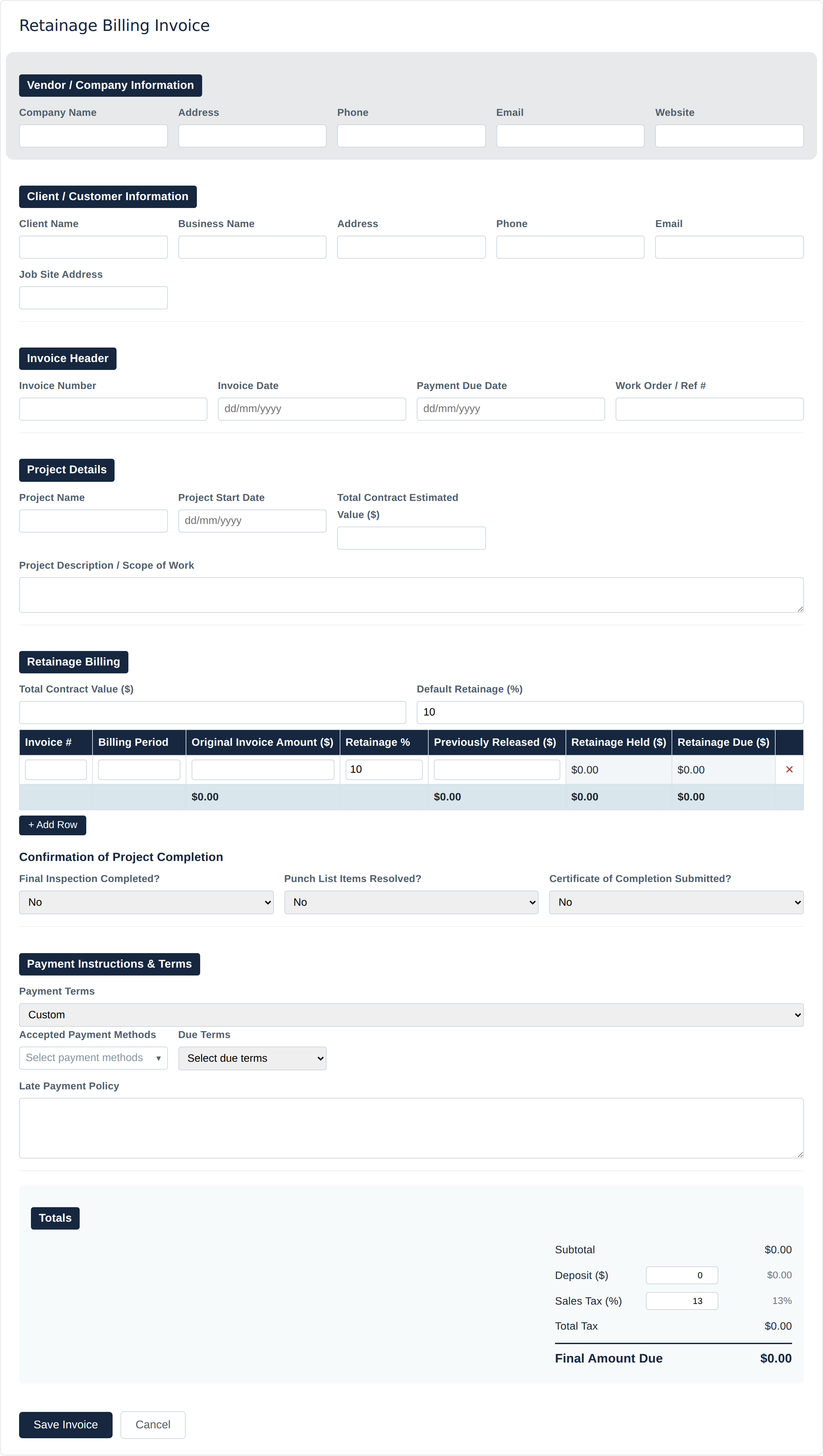 Blank Retainage Billing invoice form