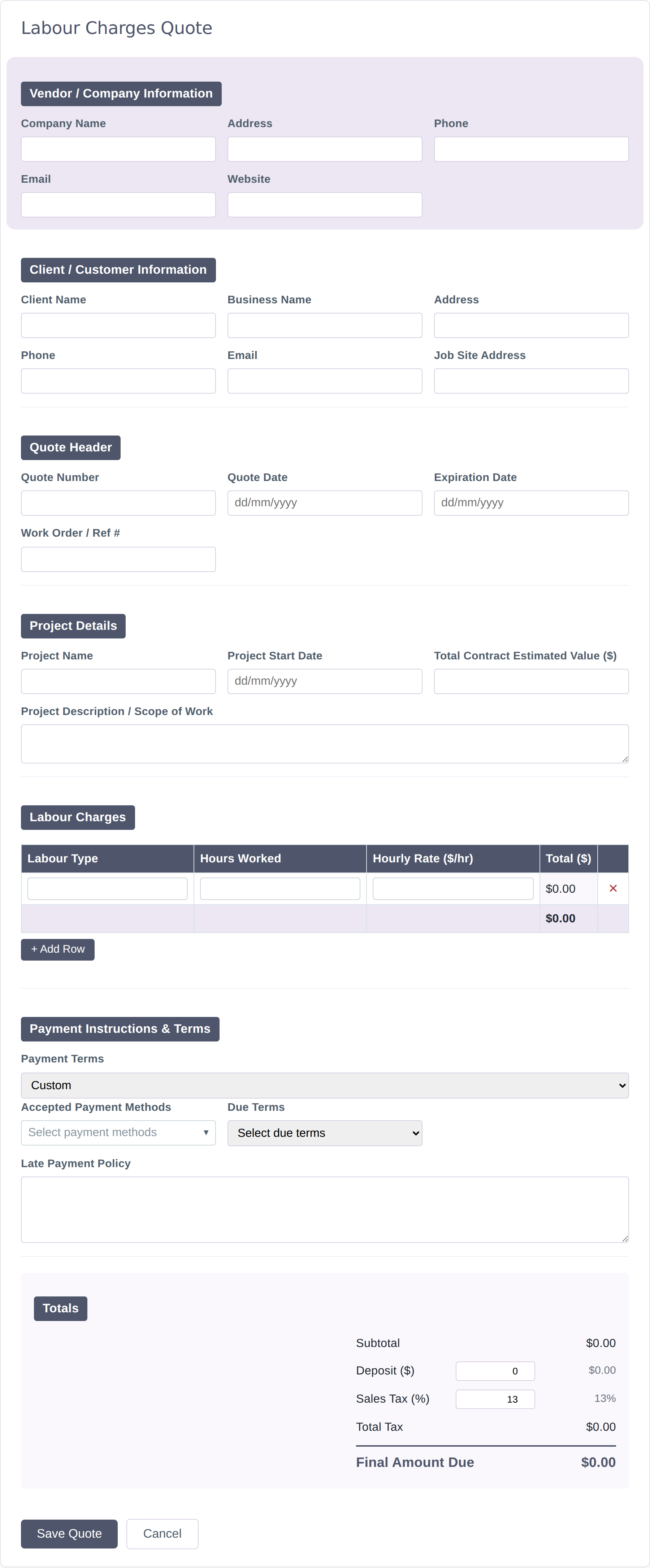 Blank Labour Charges quote form