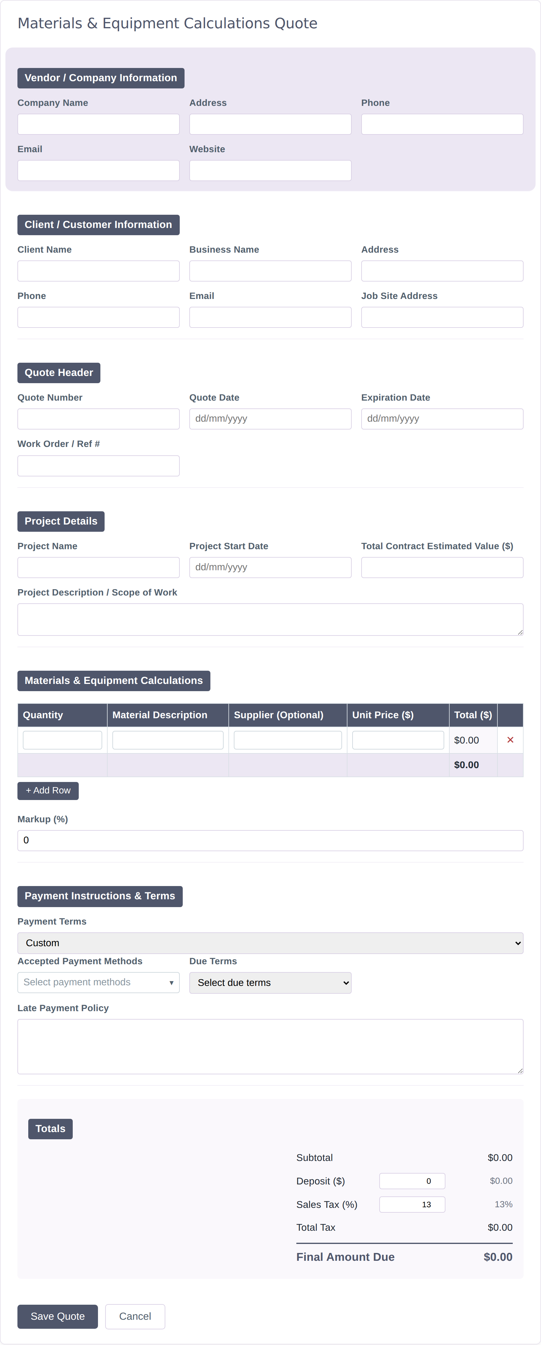 Blank Materials & Equipment quote form