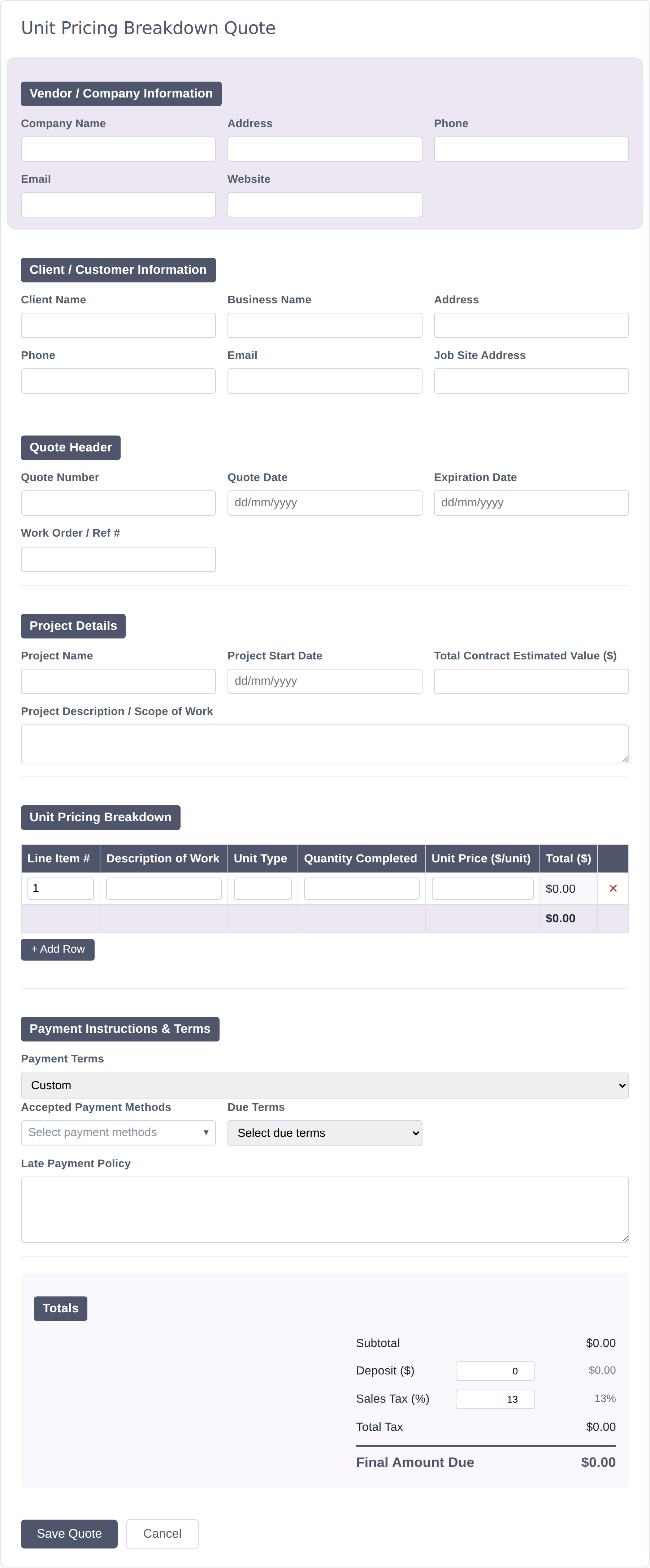 Blank Unit Pricing Breakdown quote form