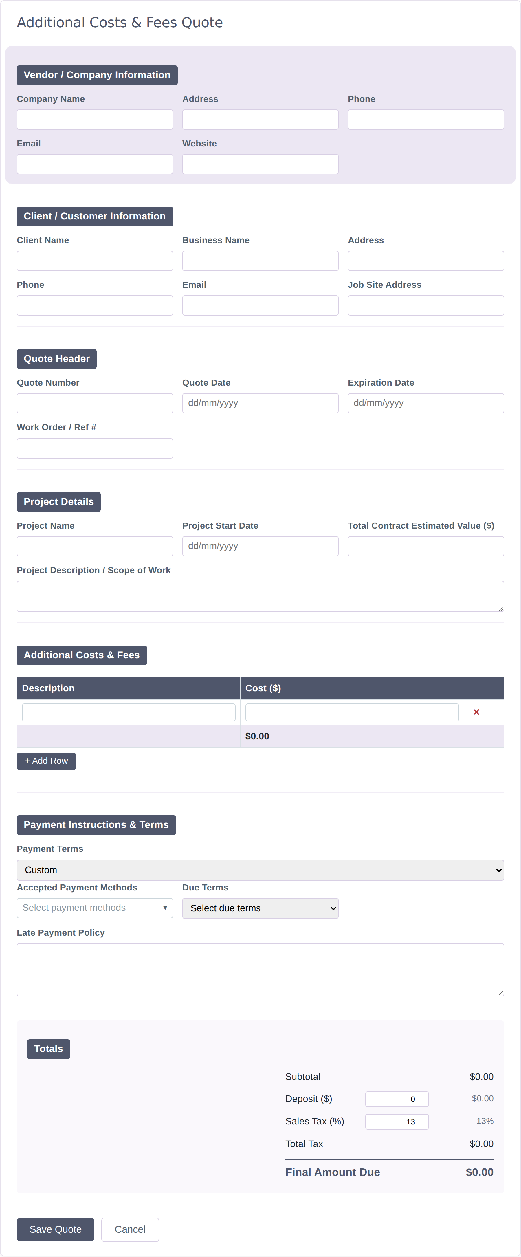 Blank Additional Costs & Fees quote form