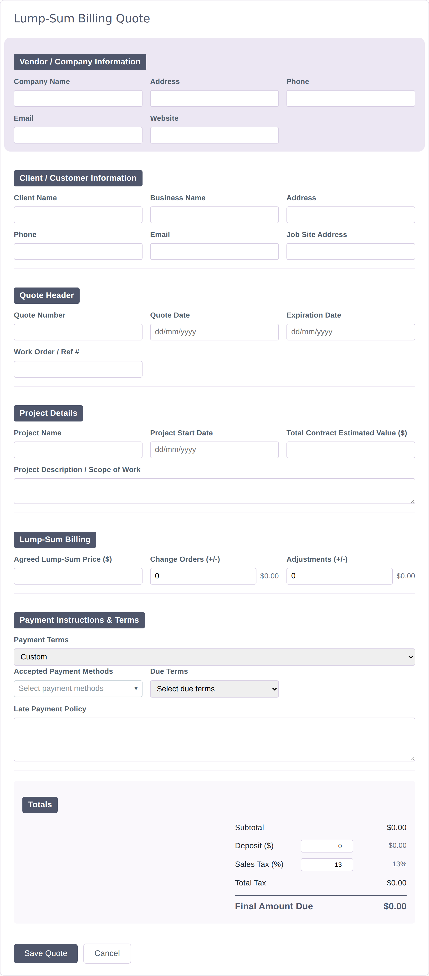 Blank Lump-Sum Billing quote form