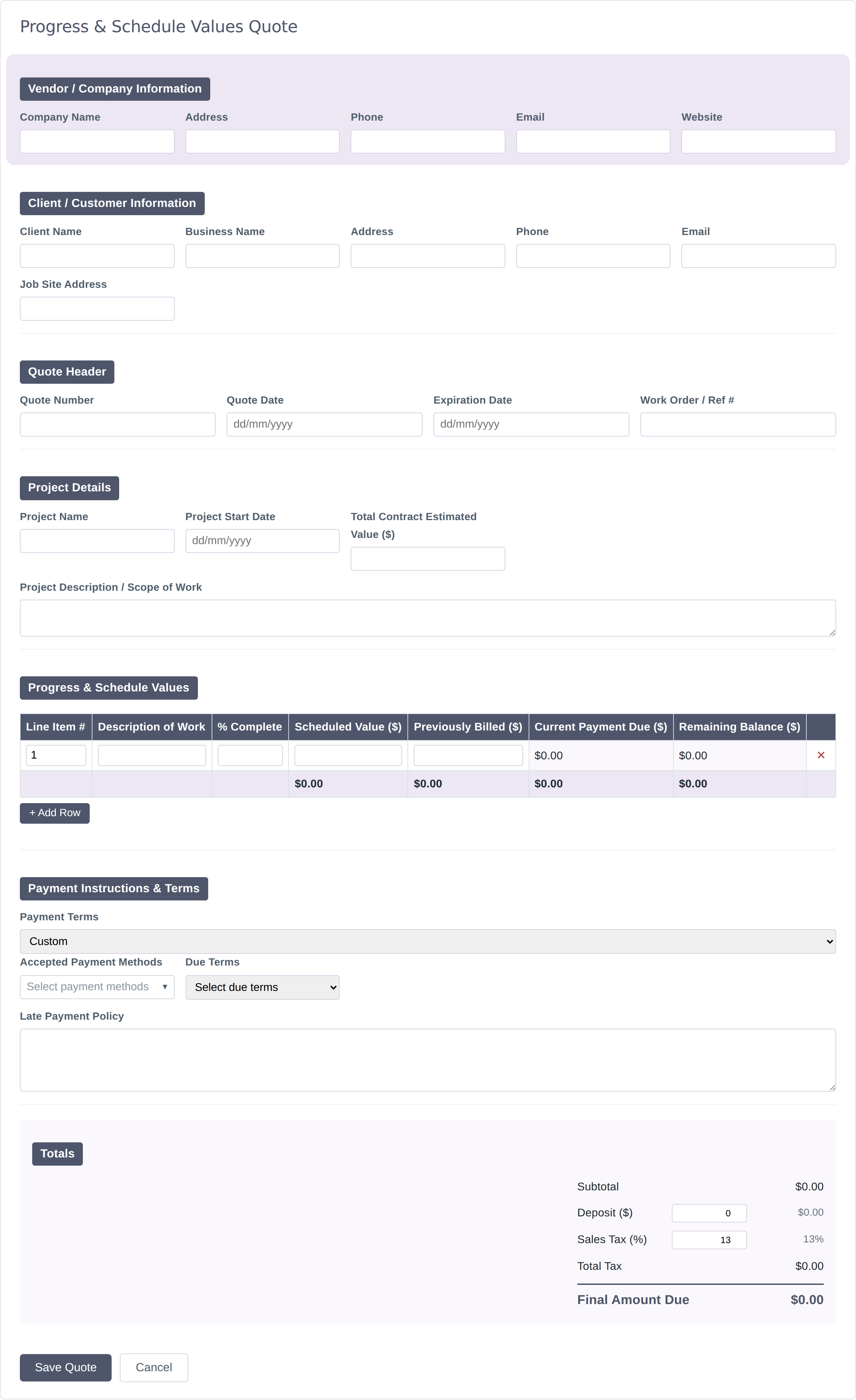 Blank Progress & Schedule Values quote form