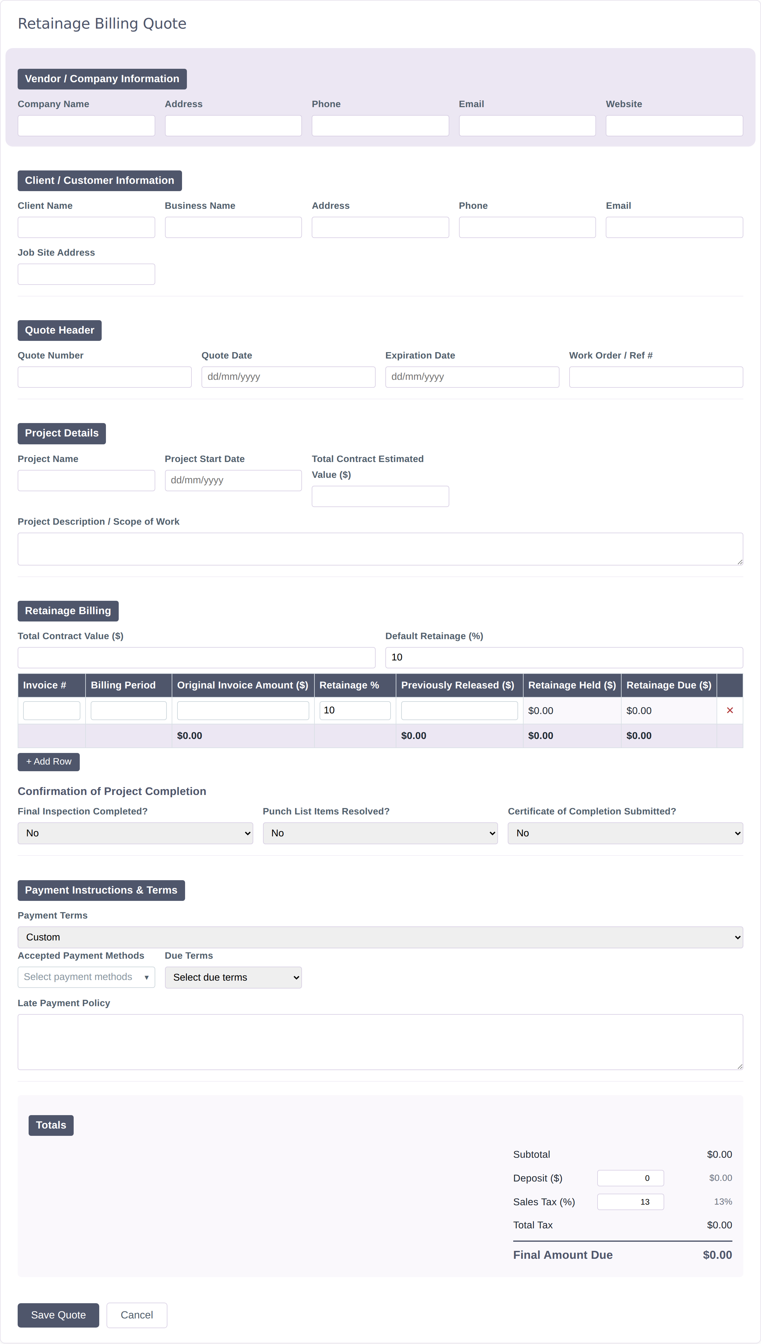 Blank Retainage Billing quote form
