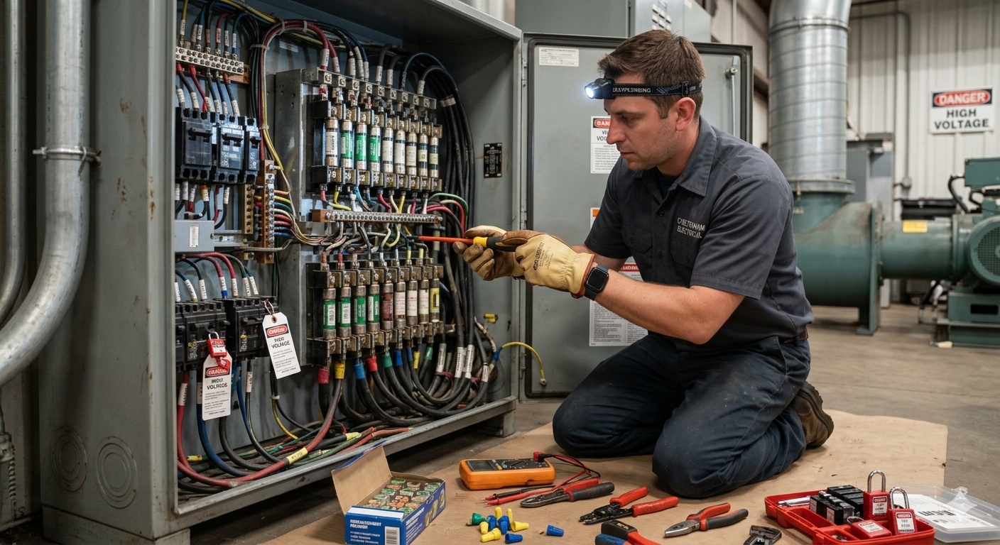 Electrician working on a panel