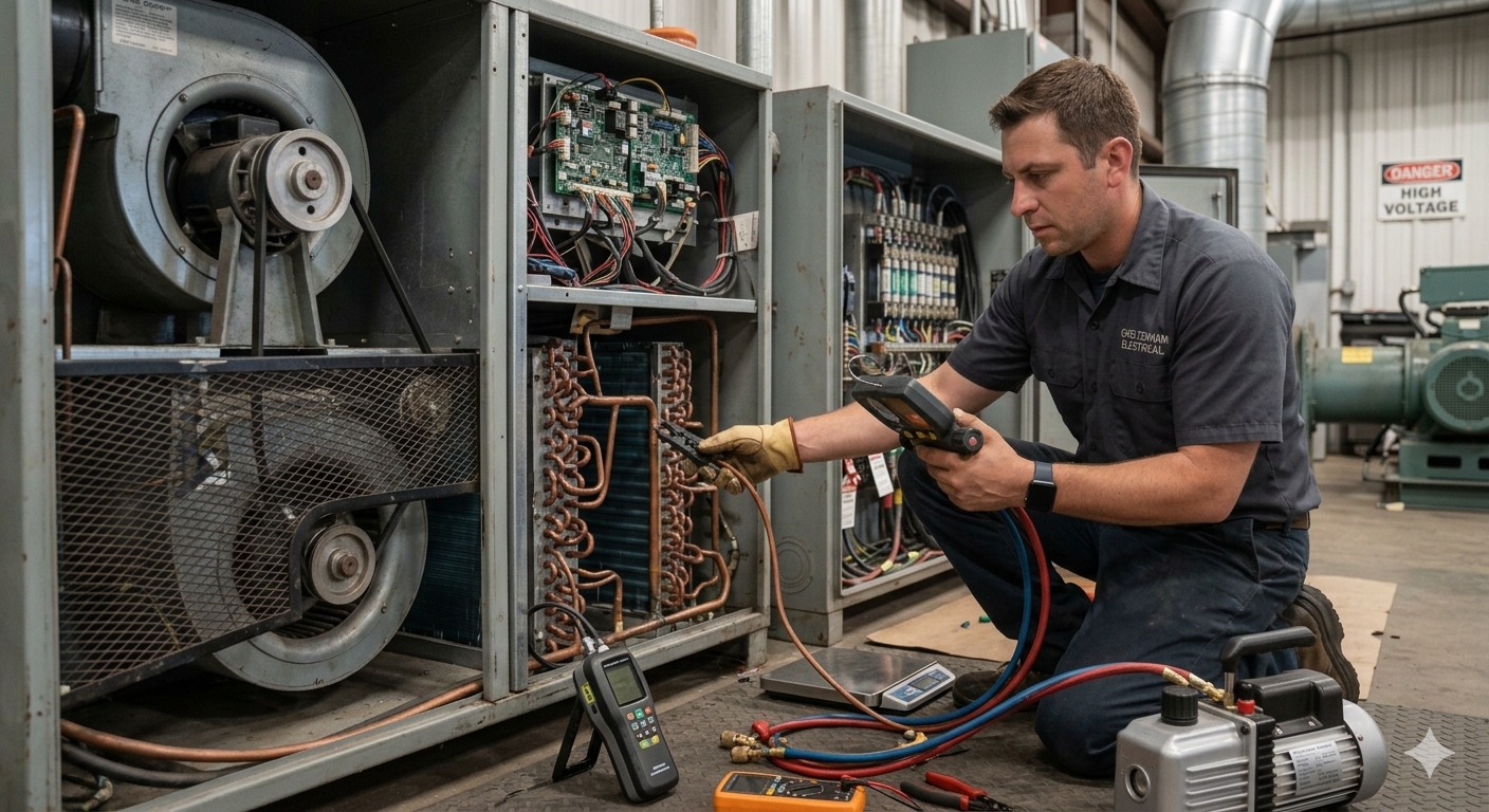 HVAC technician servicing a unit