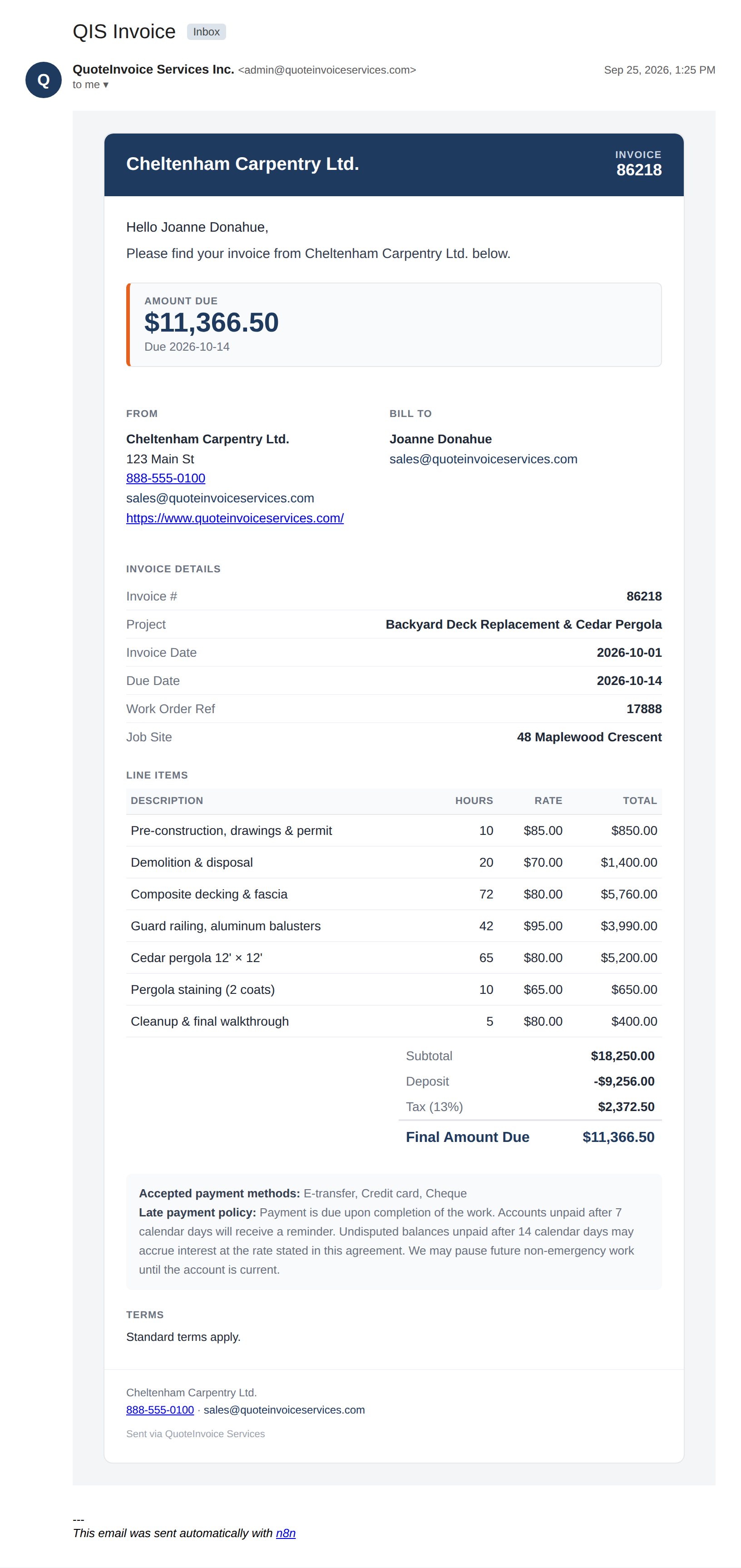 Invoice email sent to a client