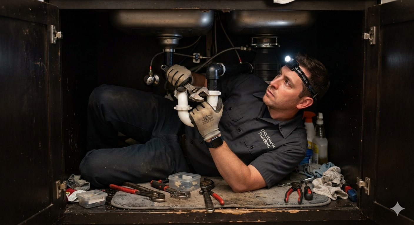 Plumber working under a kitchen sink