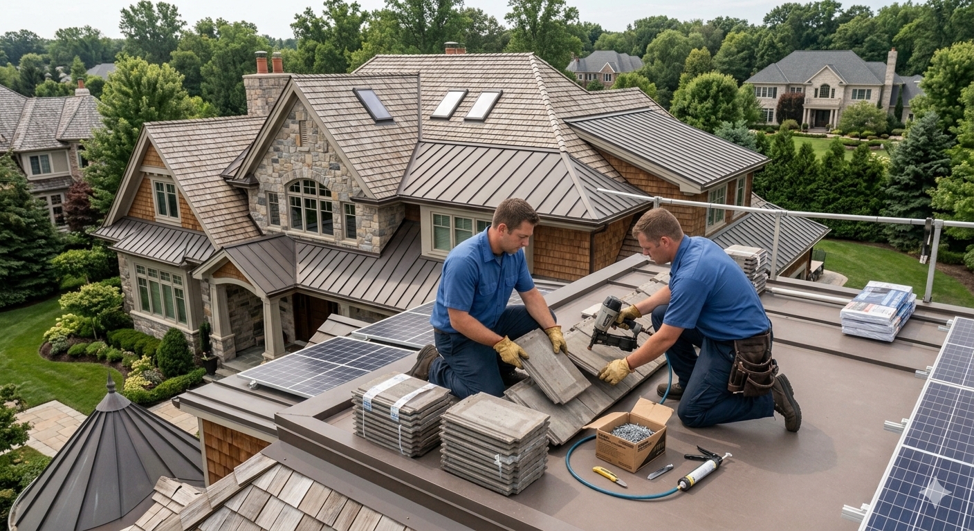 Roofers working on a roof